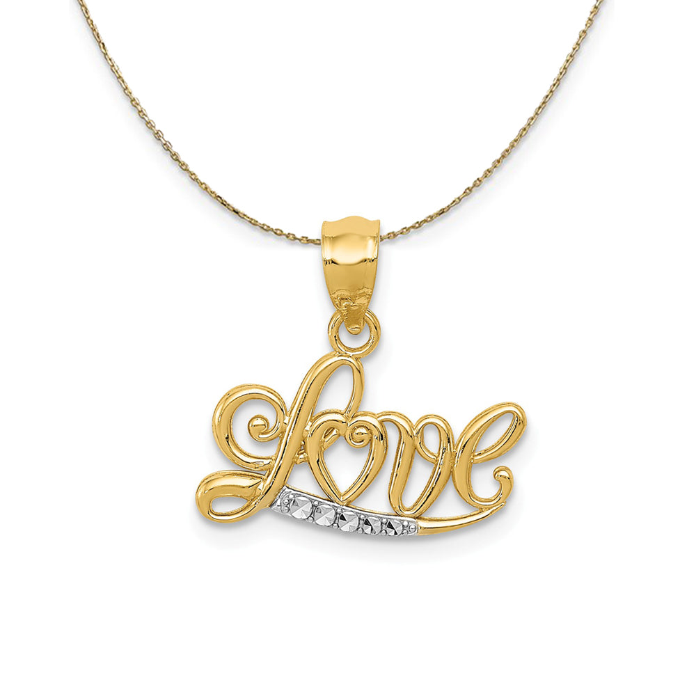 14k Yellow Gold and Rhodium Love Script Necklace, Item N23889 by The Black Bow Jewelry Co.