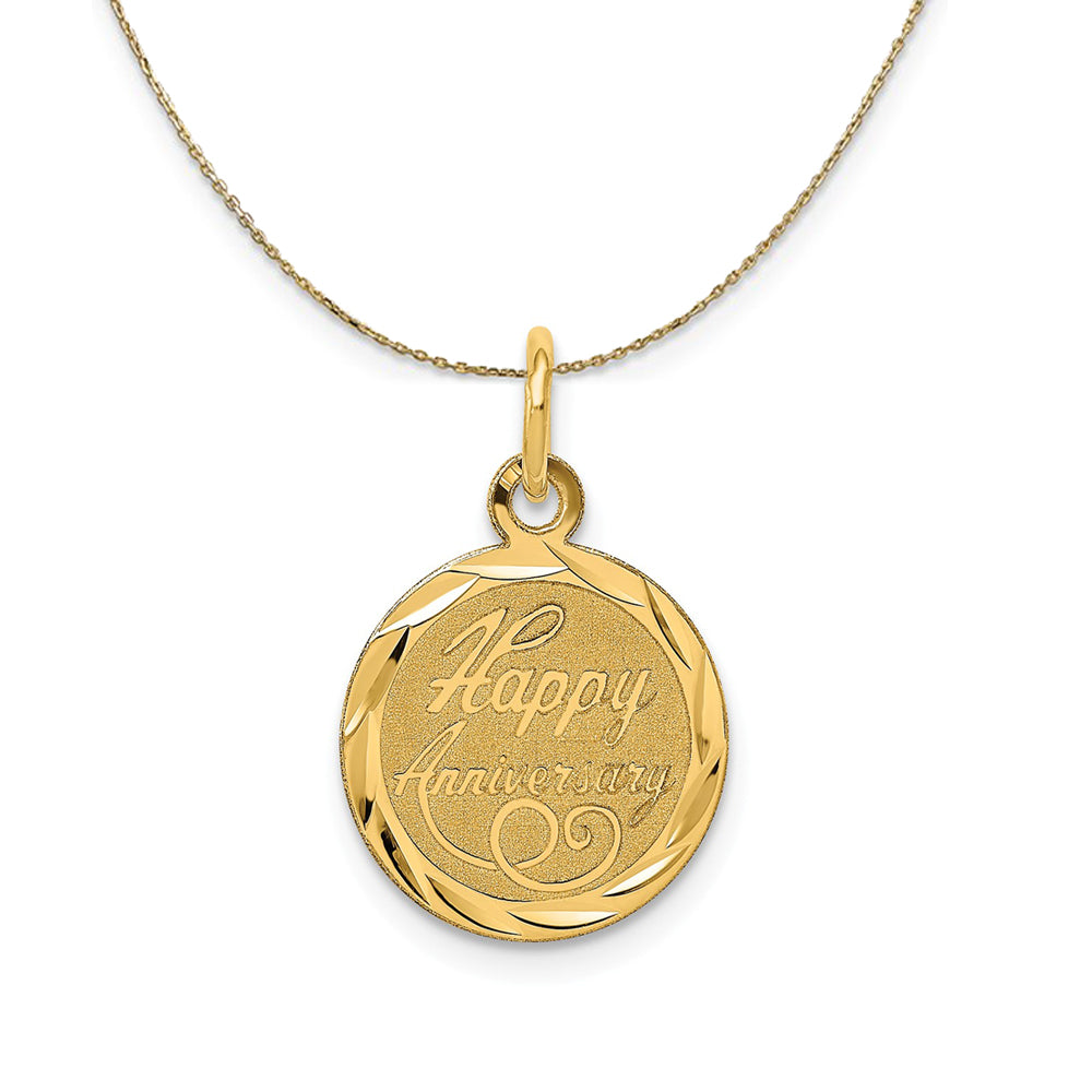 14k Yellow Gold Happy Anniversary Circle Necklace, Item N23910 by The Black Bow Jewelry Co.