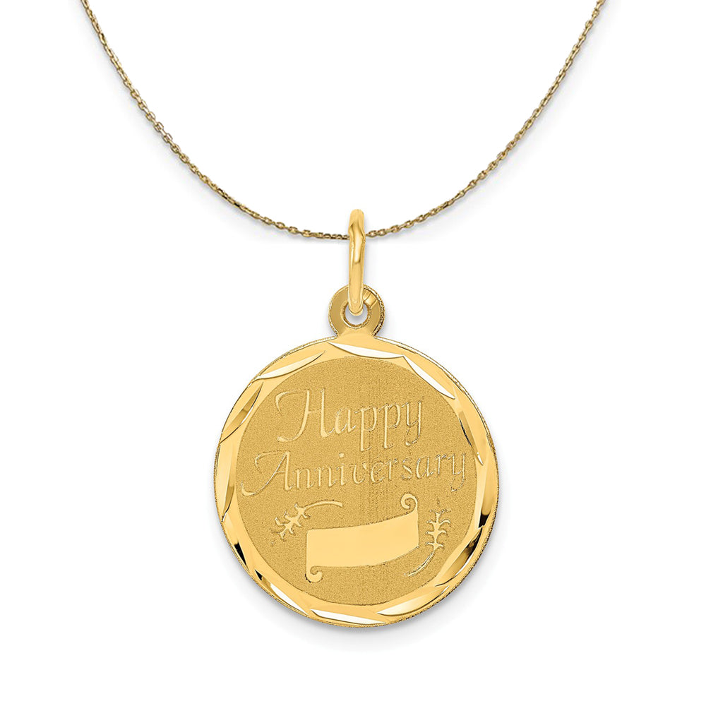 14k Yellow Gold Happy Anniversary Circle Banner Necklace, Item N23911 by The Black Bow Jewelry Co.
