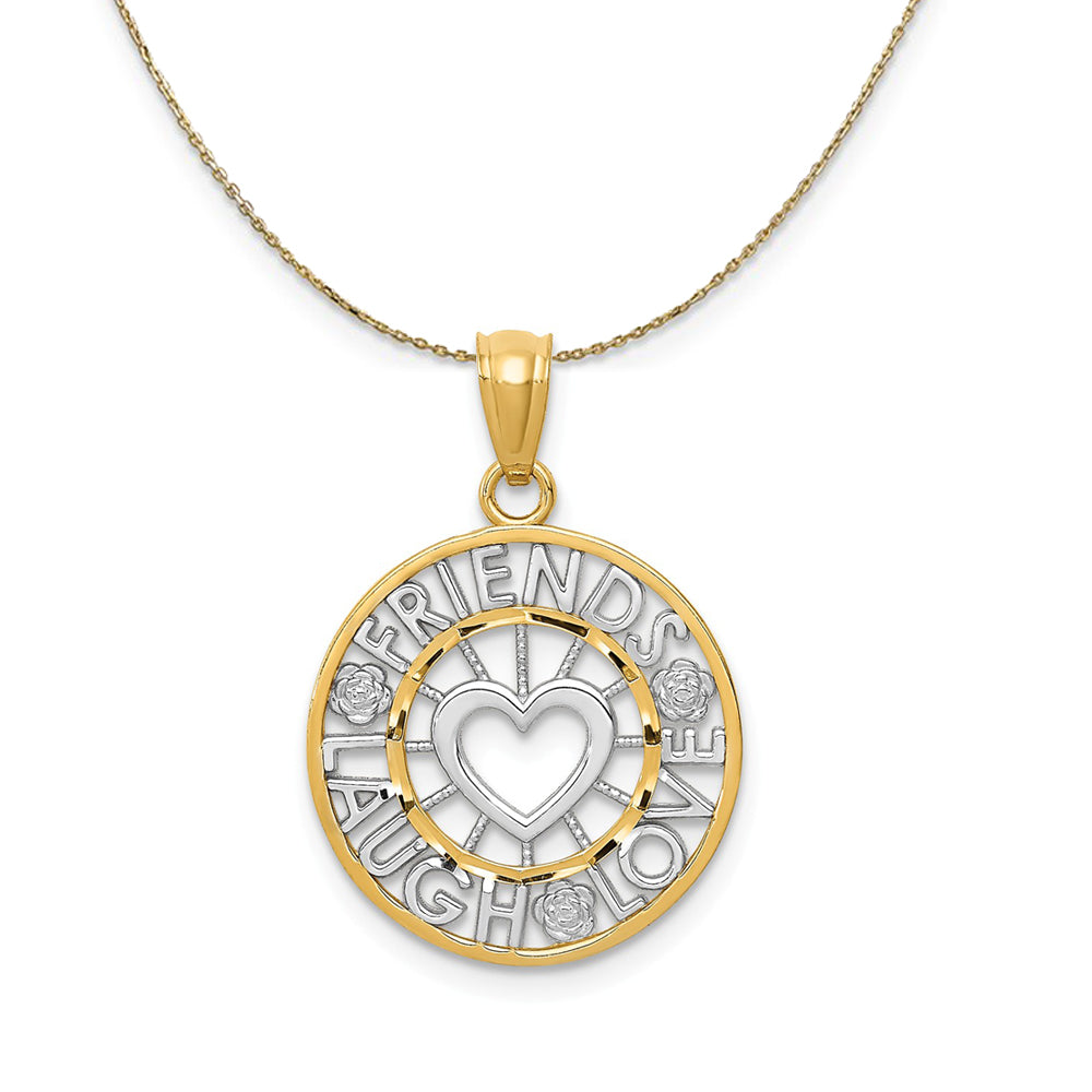 14k Yellow Gold & Rhodium Friends Laugh Love Circle Necklace, Item N23941 by The Black Bow Jewelry Co.