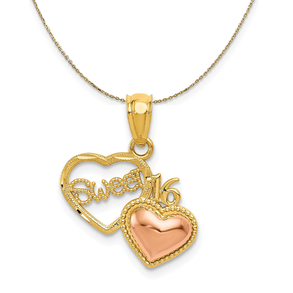14k Yellow & Rose Gold Sweet 16 Double Heart Necklace, Item N23964 by The Black Bow Jewelry Co.