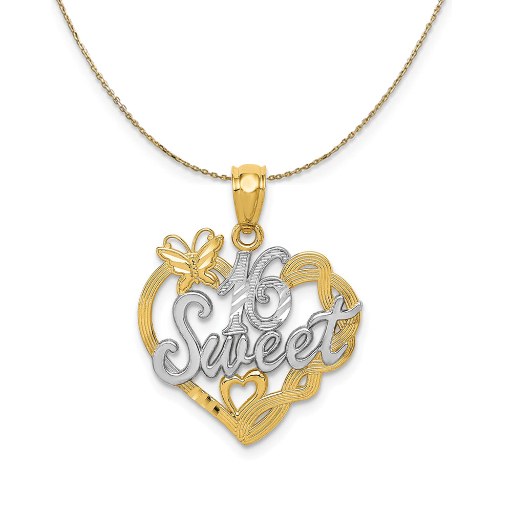 14k Yellow Gold and Rhodium Sweet 16 Butterfly Heart Necklace, Item N23965 by The Black Bow Jewelry Co.