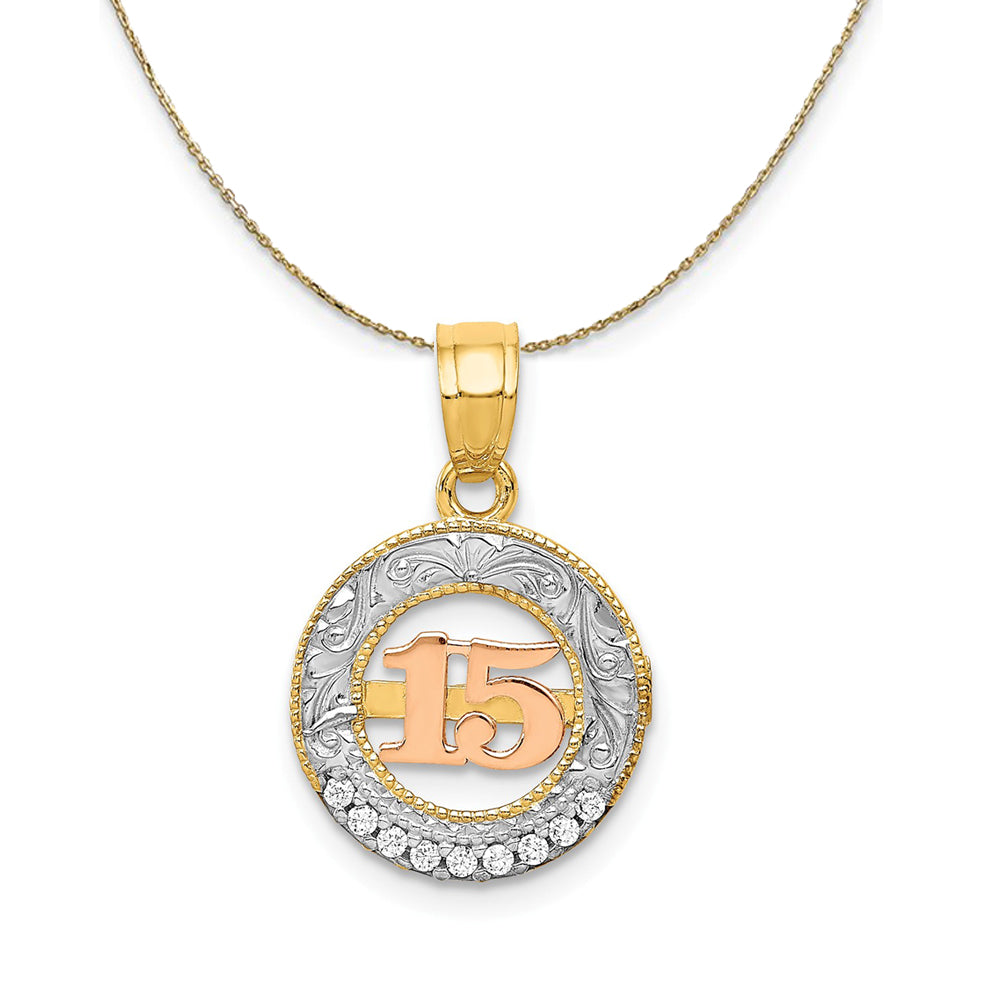 14k Two Tone Gold, Rhodium & CZ Number 15 Circle Necklace, Item N23968 by The Black Bow Jewelry Co.