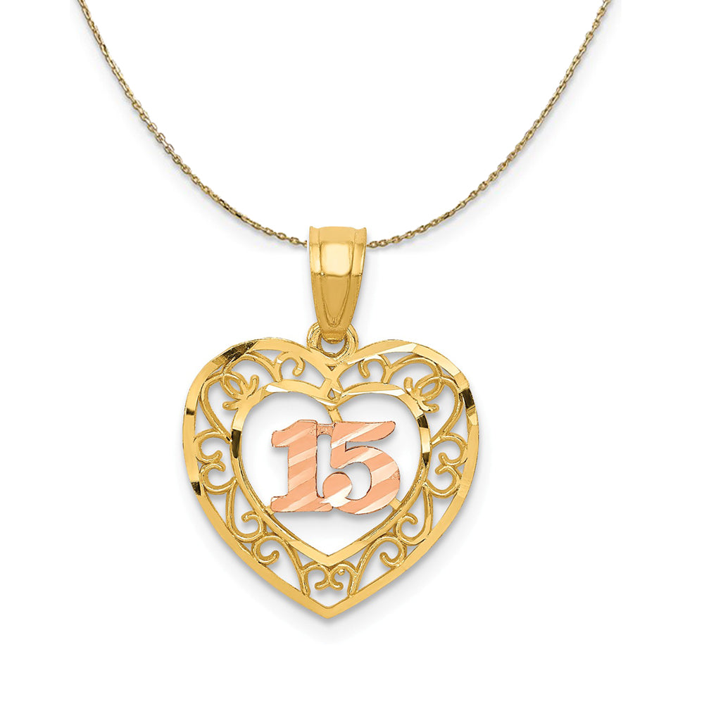 14k Two Tone Gold Diamond Cut 15 Heart Necklace, Item N23970 by The Black Bow Jewelry Co.