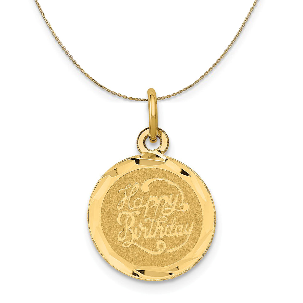 14k Yellow Gold Script Happy Birthday Disc Necklace, Item N24000 by The Black Bow Jewelry Co.