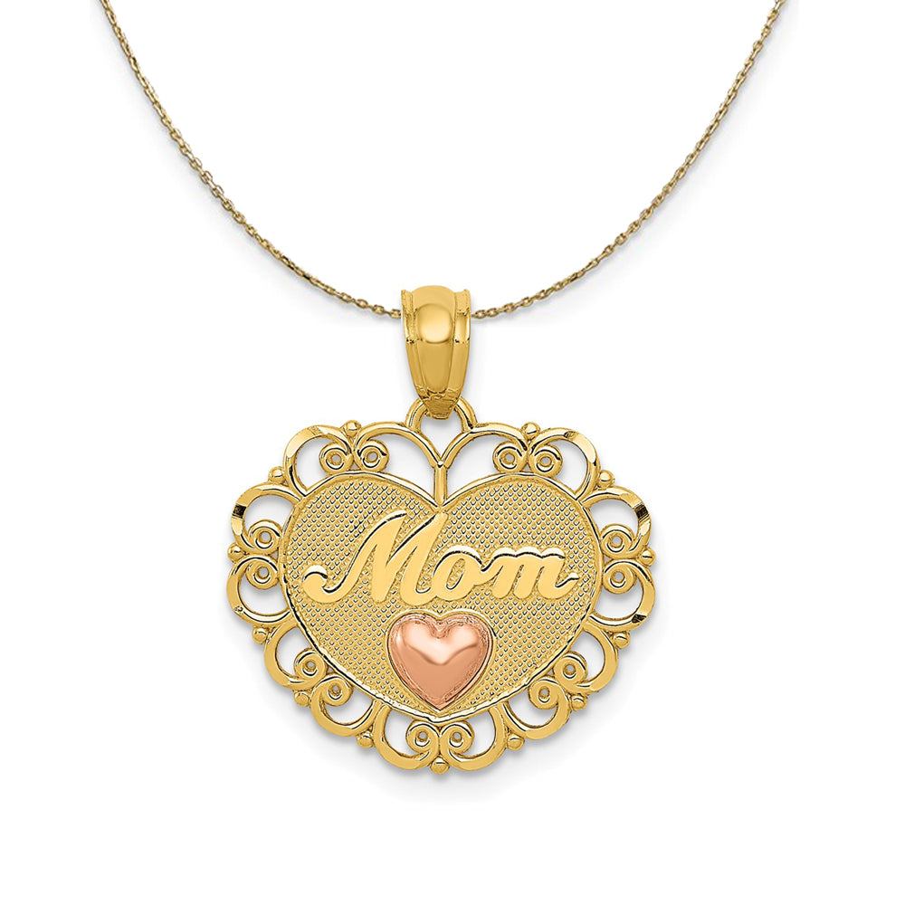 14k Two Tone Gold Mom Scroll Heart Necklace, Item N24011 by The Black Bow Jewelry Co.