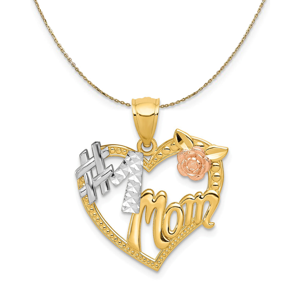 14k Two Tone Gold and Rhodium #1 Mom Heart Necklace, Item N24012 by The Black Bow Jewelry Co.