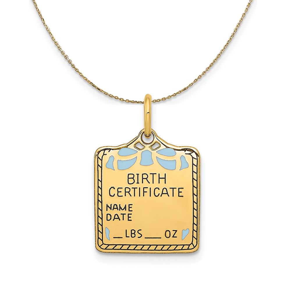 14k Yellow Gold Blue Enamel Birth Certificate (15m) Necklace, Item N24196 by The Black Bow Jewelry Co.