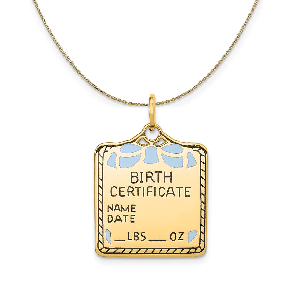 14k Yellow Gold Blue Enamel Birth Certificate (21m) Necklace, Item N24197 by The Black Bow Jewelry Co.