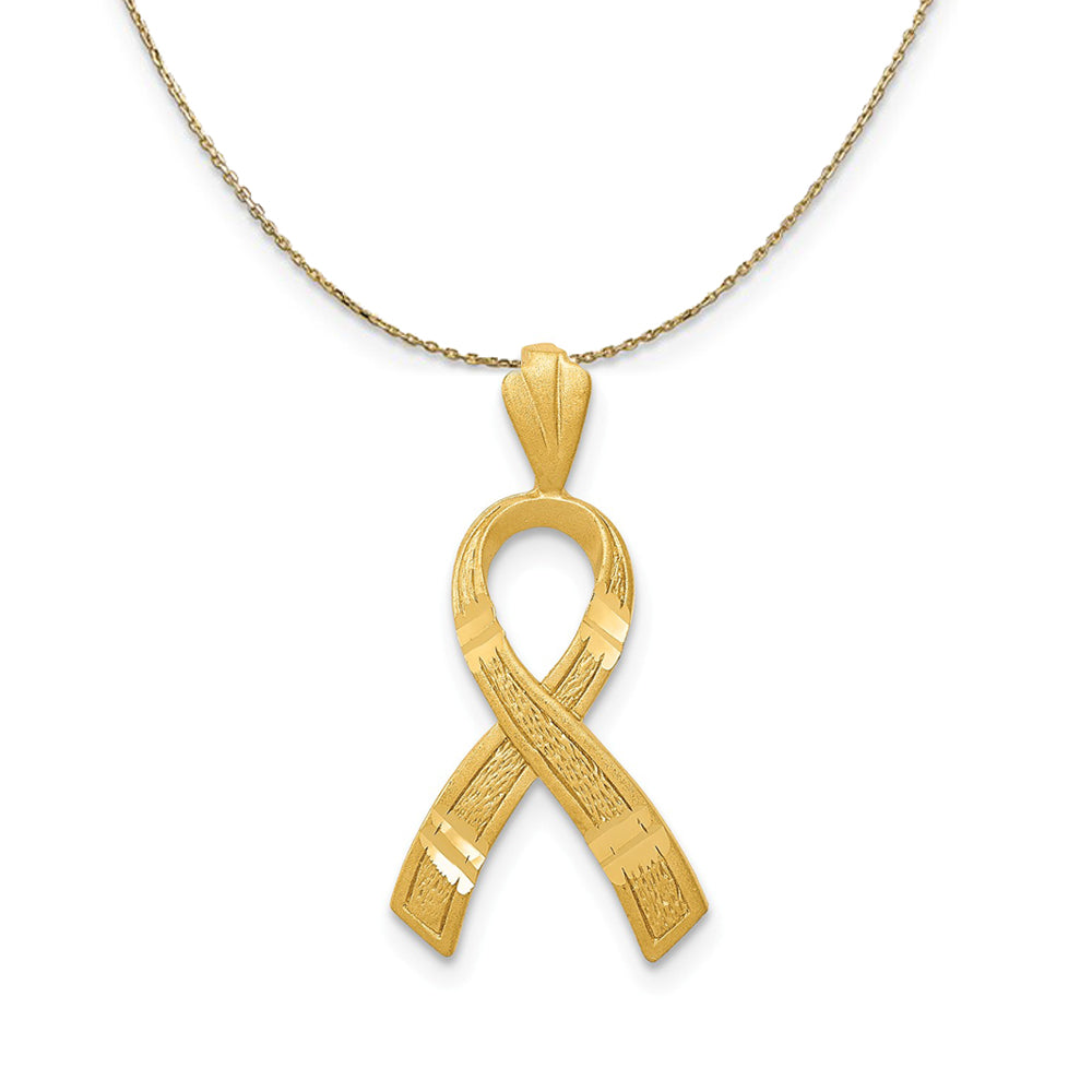 14k Yellow Gold Satin & Diamond Cut Awareness Ribbon Necklace, Item N24247 by The Black Bow Jewelry Co.