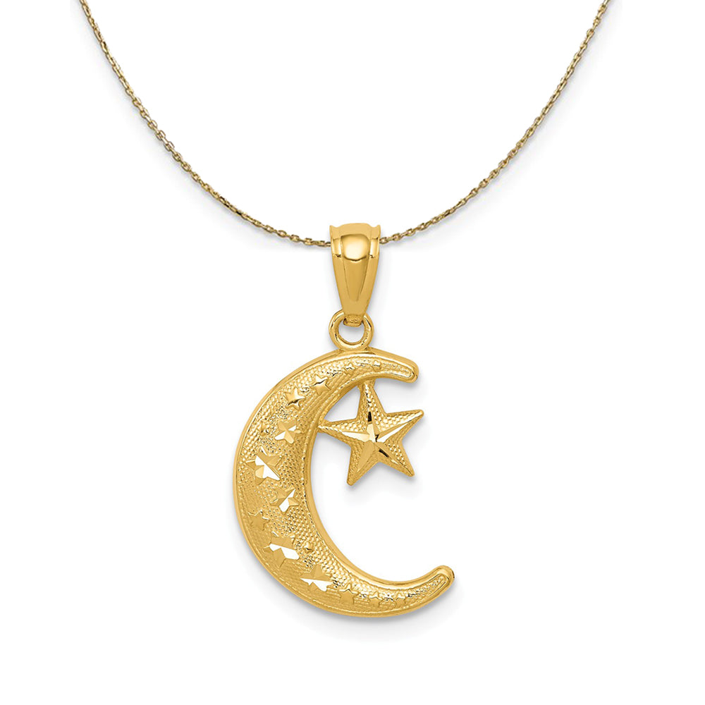 14k Yellow Gold Crescent Moon and Stars (22mm) Necklace, Item N24254 by The Black Bow Jewelry Co.