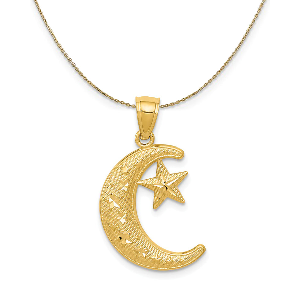 14k Yellow Gold Crescent Moon and Stars (28mm) Necklace, Item N24255 by The Black Bow Jewelry Co.