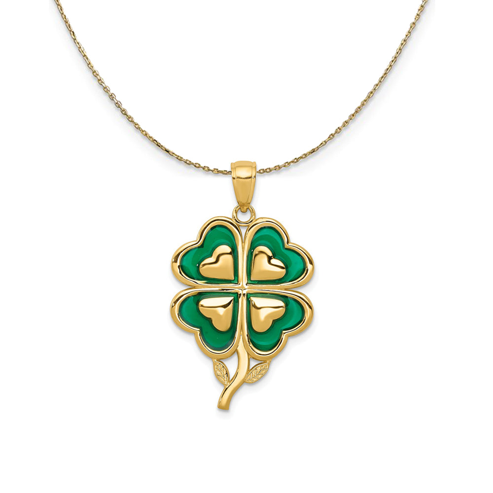 14k Yellow Gold & Green Acrylic Four Leaf Clover Necklace, Item N24328 by The Black Bow Jewelry Co.