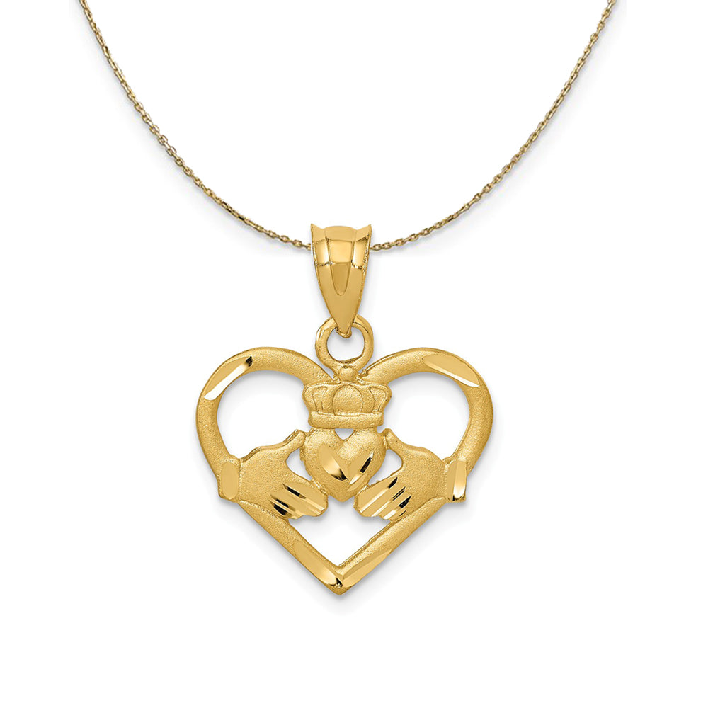 14k Yellow Gold Satin and Diamond Cut Claddagh Heart Necklace, Item N24339 by The Black Bow Jewelry Co.
