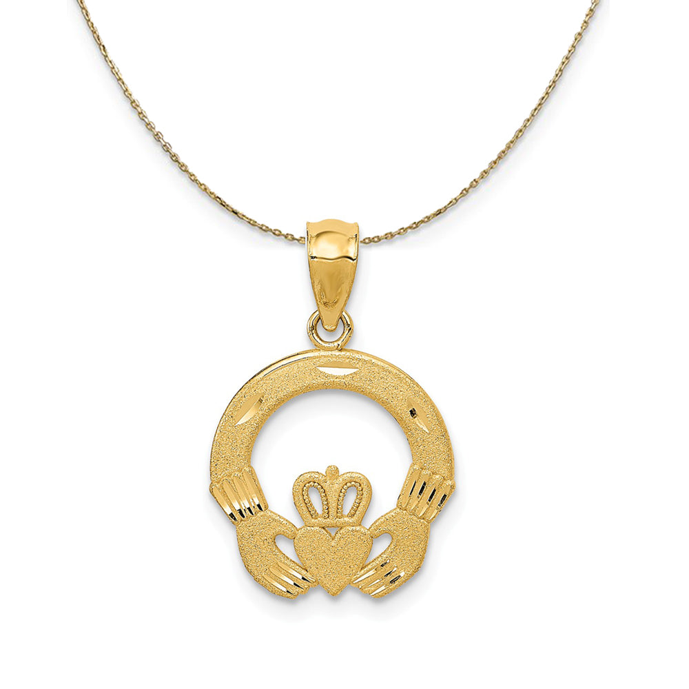 14k Yellow Gold Satin & Diamond Cut Flat Claddagh Necklace, Item N24355 by The Black Bow Jewelry Co.