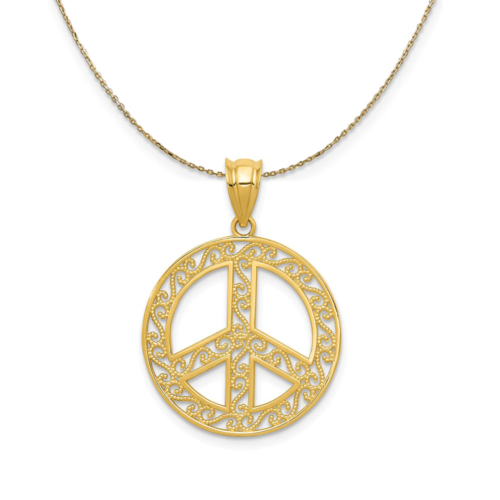 14k Yellow Gold Filigree Peace Sign (19mm) Necklace, Item N24362 by The Black Bow Jewelry Co.