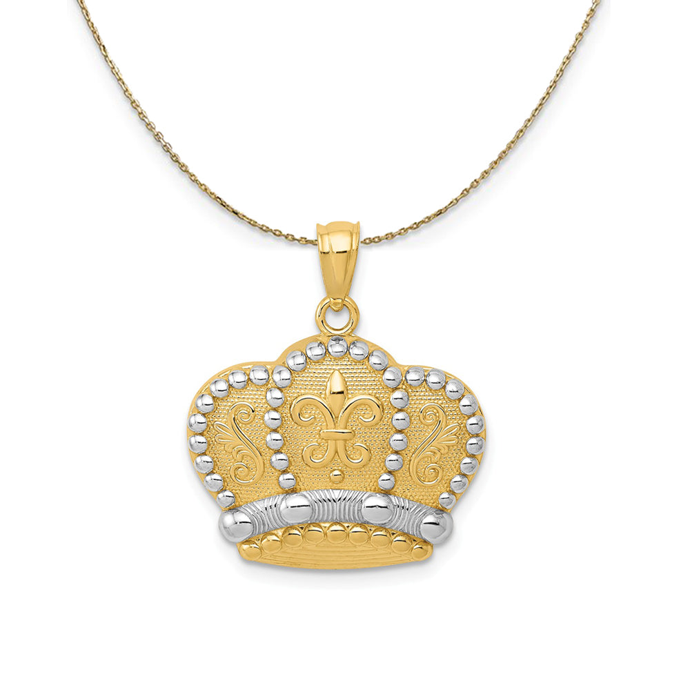14k Yellow Gold and Rhodium Fleur de lis Crown Necklace Black