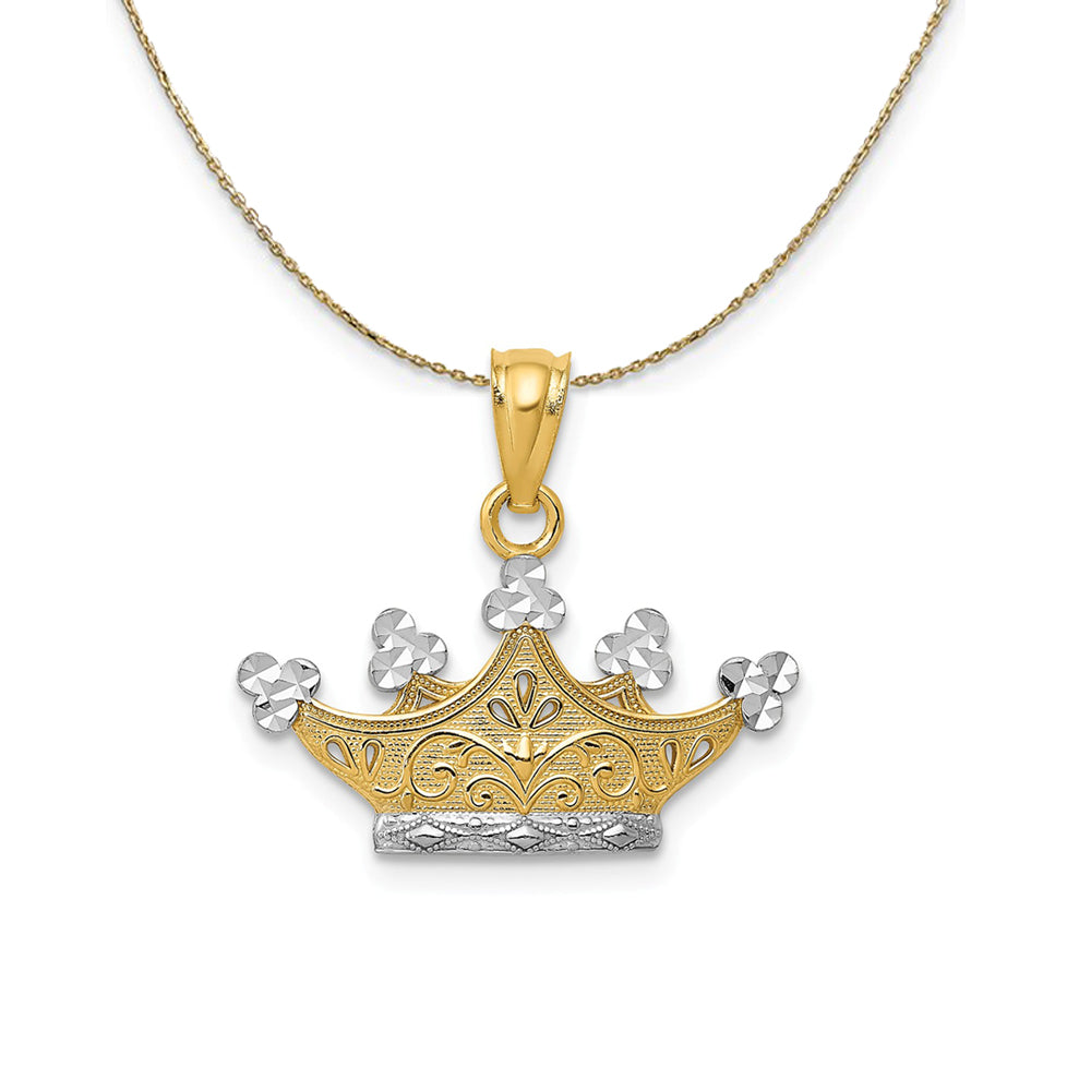 14k Yellow Gold and Rhodium Diamond Cut Crown Necklace, Item N24377 by The Black Bow Jewelry Co.