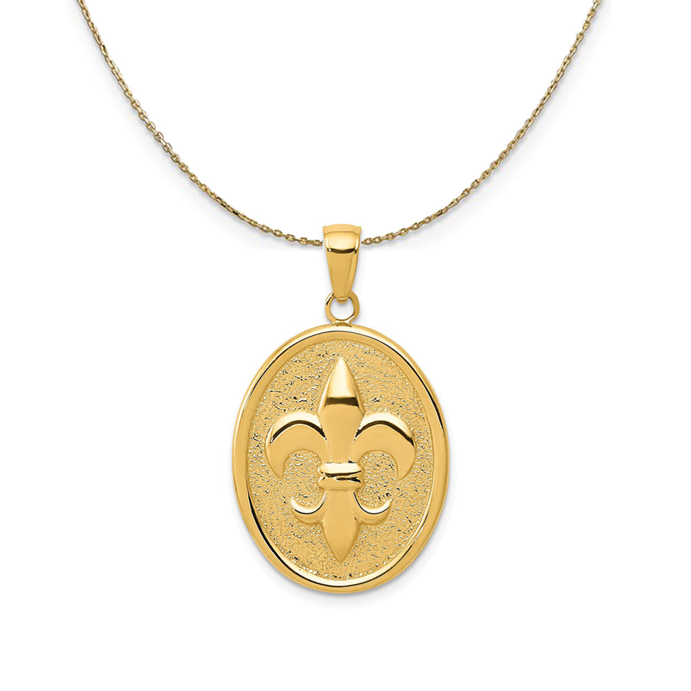 14k Yellow Gold Fleur De Lis Oval Disc (18 x 30mm) Necklace, Item N24379 by The Black Bow Jewelry Co.
