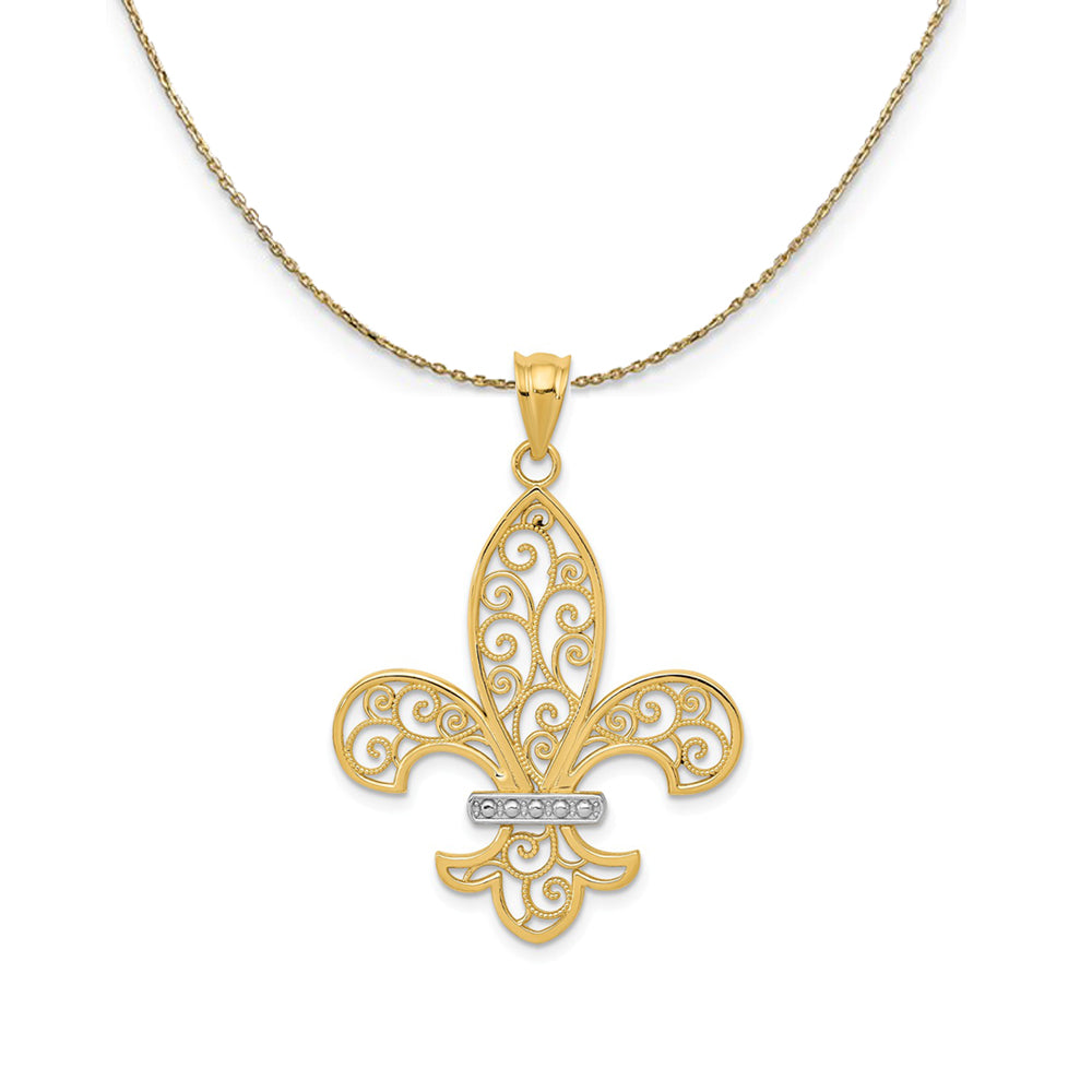 14k Yellow Gold & Rhodium Filigree Fleur De Lis Necklace, Item N24381 by The Black Bow Jewelry Co.
