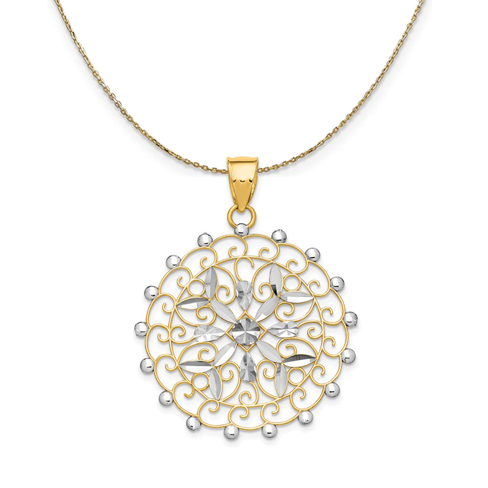 14k Yellow Gold Rhodium Diamond Cut Filigree, 32mm Necklace, Item N24416 by The Black Bow Jewelry Co.