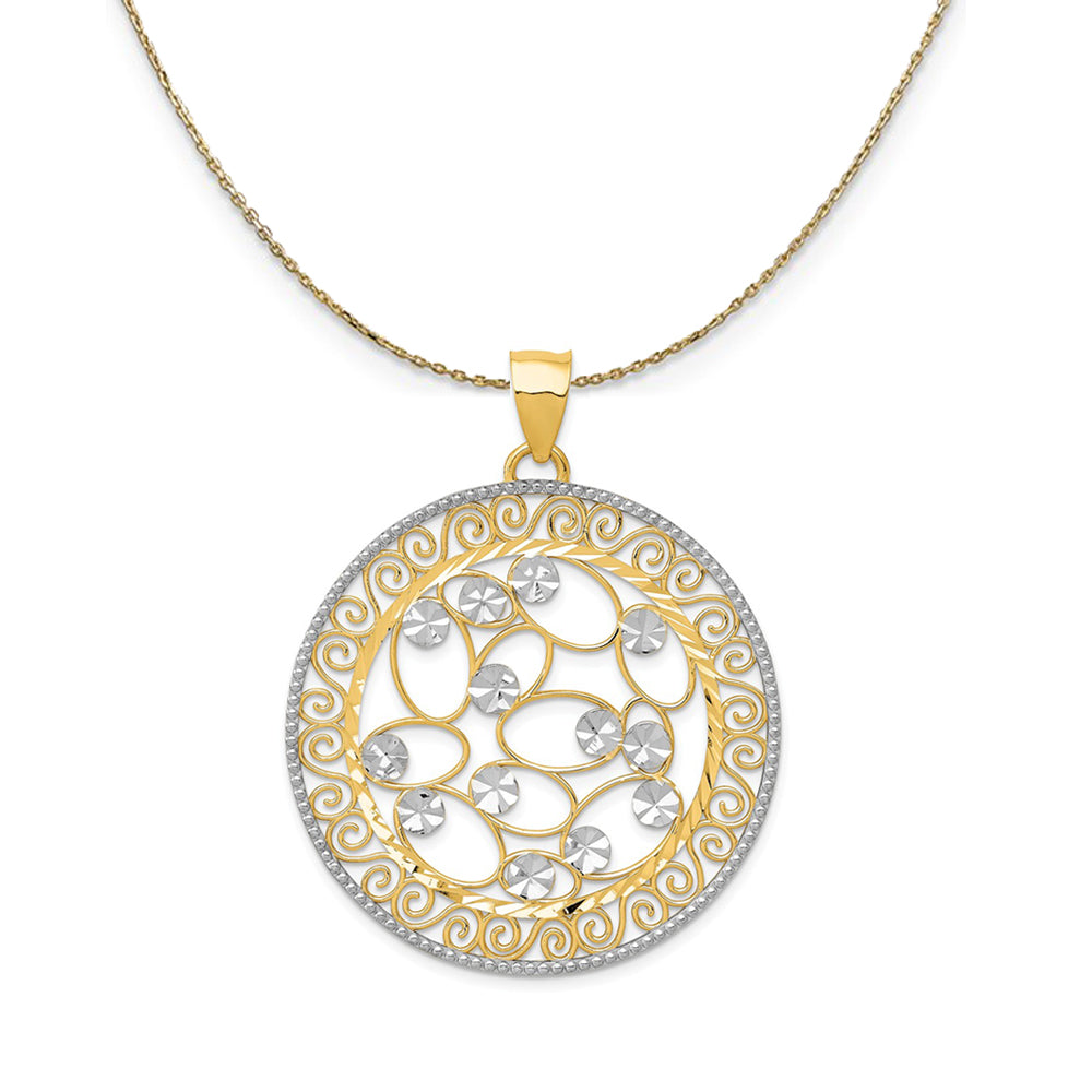 14k Yellow Gold & Rhodium D/C Ornate Circle, 38mm Necklace, Item N24417 by The Black Bow Jewelry Co.