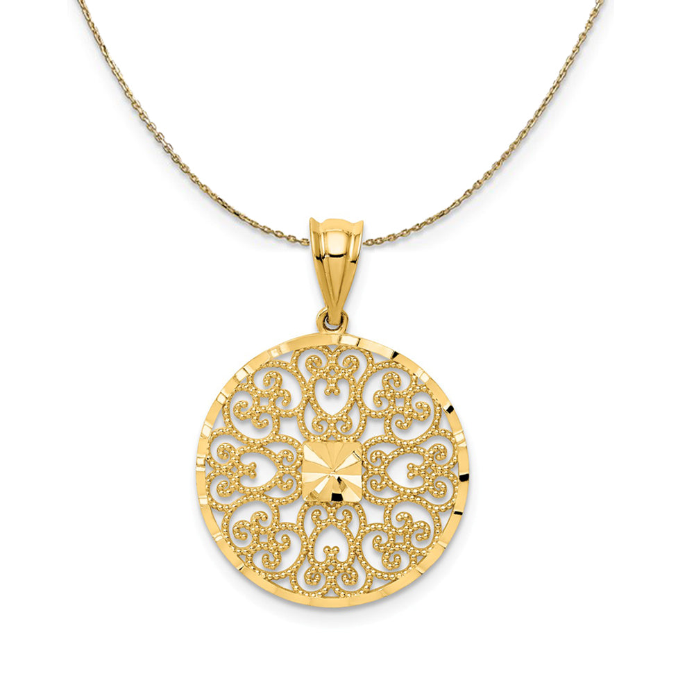 14K Yellow Gold Textured Filigree Circle Necklace, Item N24425 by The Black Bow Jewelry Co.
