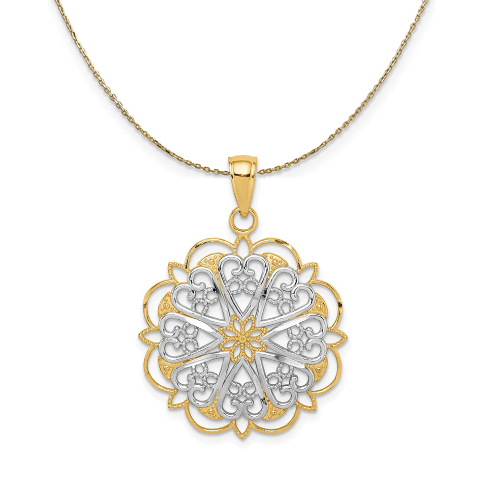 14K Yellow Gold & Rhodium Filigree Hearts Necklace, Item N24426 by The Black Bow Jewelry Co.