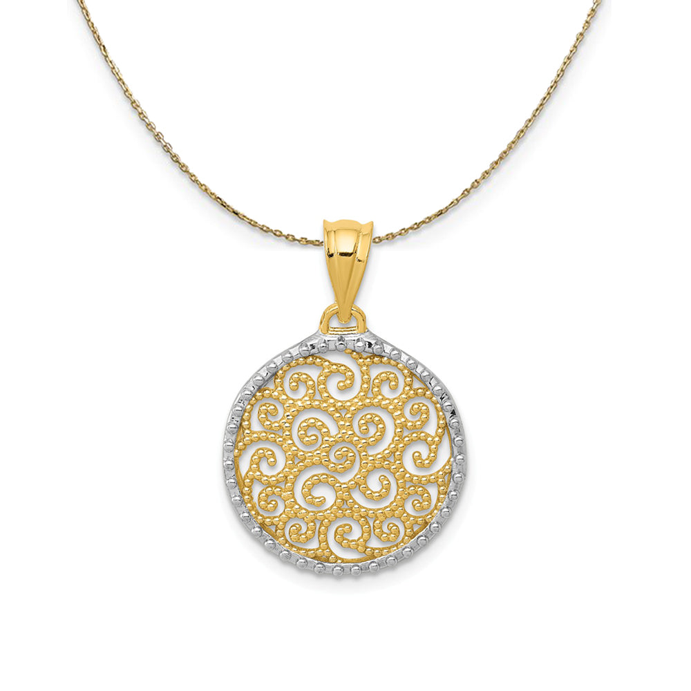14k Yellow Gold & Rhodium Filigree Scroll Circle Necklace, Item N24429 by The Black Bow Jewelry Co.