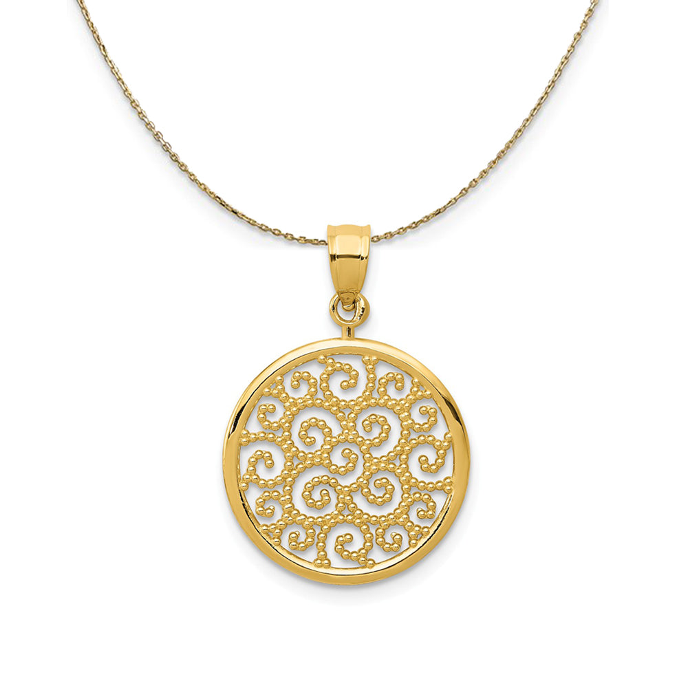 14k Yellow Gold Filigree Scroll Circle Necklace, Item N24430 by The Black Bow Jewelry Co.