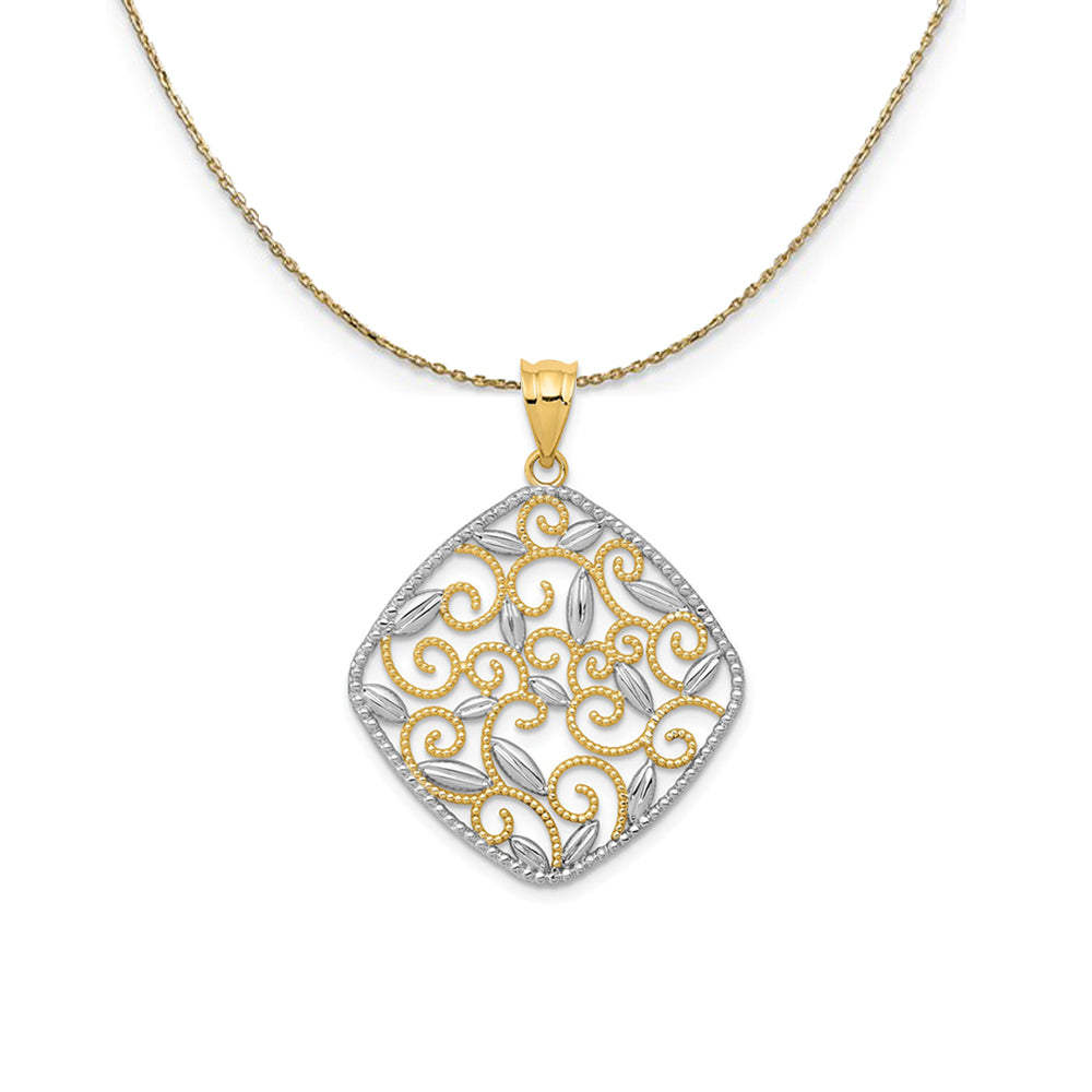 14k Yellow Gold & Rhodium Vine Filigree Rhombus, 25mm Necklace, Item N24431 by The Black Bow Jewelry Co.