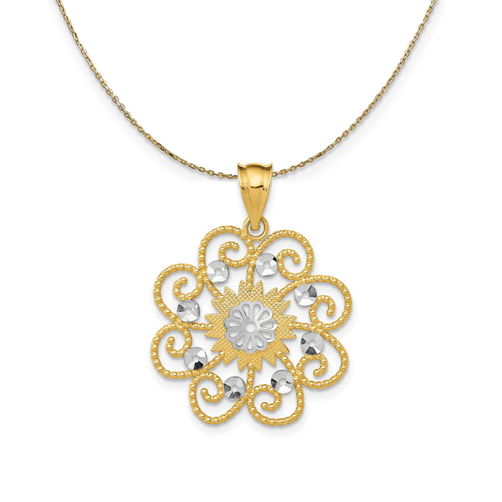 14k Yellow Gold and Rhodium Round Swirl Necklace, Item N24432 by The Black Bow Jewelry Co.