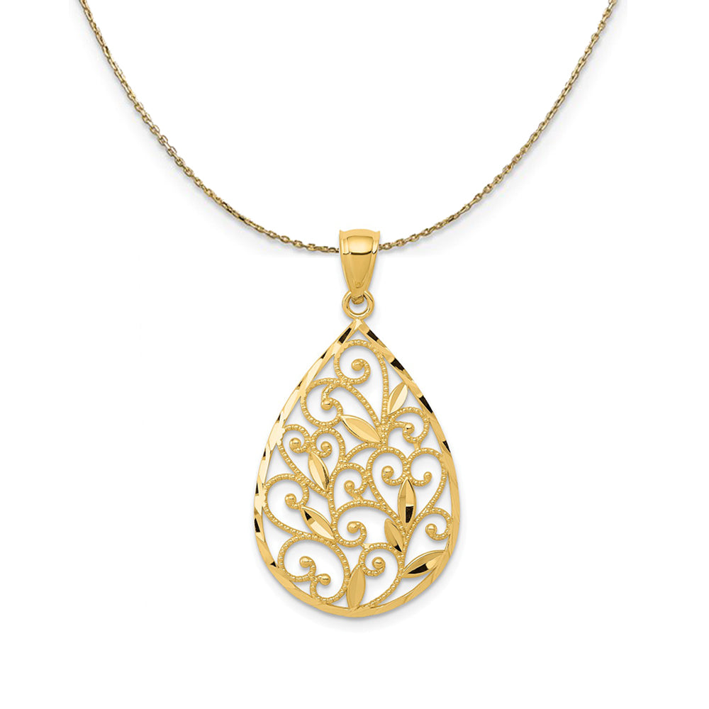 14k Yellow Gold Vine Filigree Teardrop Necklace, Item N24433 by The Black Bow Jewelry Co.