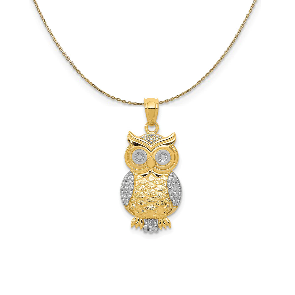 14k Yellow Gold and Rhodium Owl Necklace, Item N24463 by The Black Bow Jewelry Co.