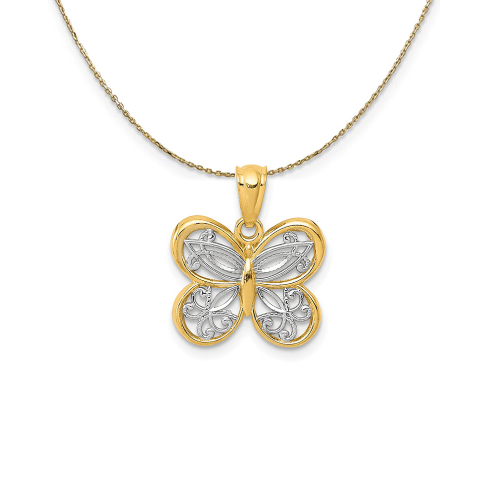 14k Yellow Gold & Rhodium Fancy Butterfly Necklace, Item N24469 by The Black Bow Jewelry Co.
