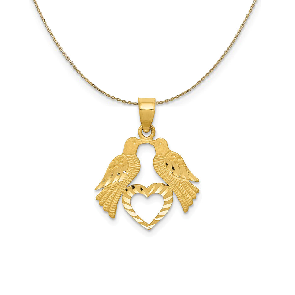 14k Yellow Gold Diamond Cut Love Birds & Heart Necklace, Item N24482 by The Black Bow Jewelry Co.