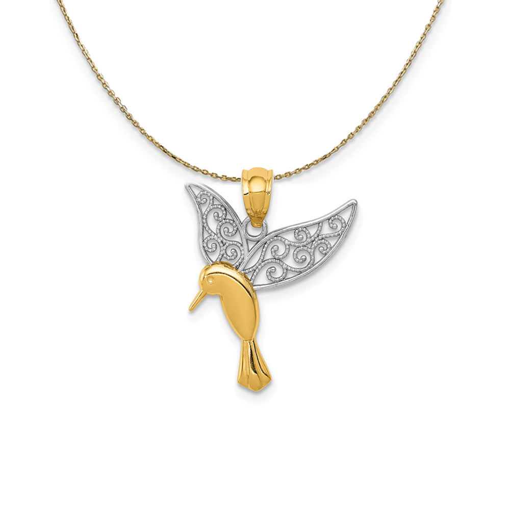 14k Yellow Gold & Rhodium Filigree Hummingbird Necklace, Item N24485 by The Black Bow Jewelry Co.