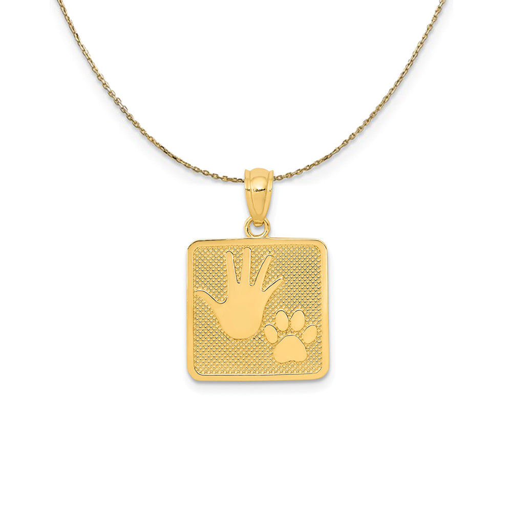 14k Yellow Gold Hand and Paw Print Square Necklace, Item N24567 by The Black Bow Jewelry Co.