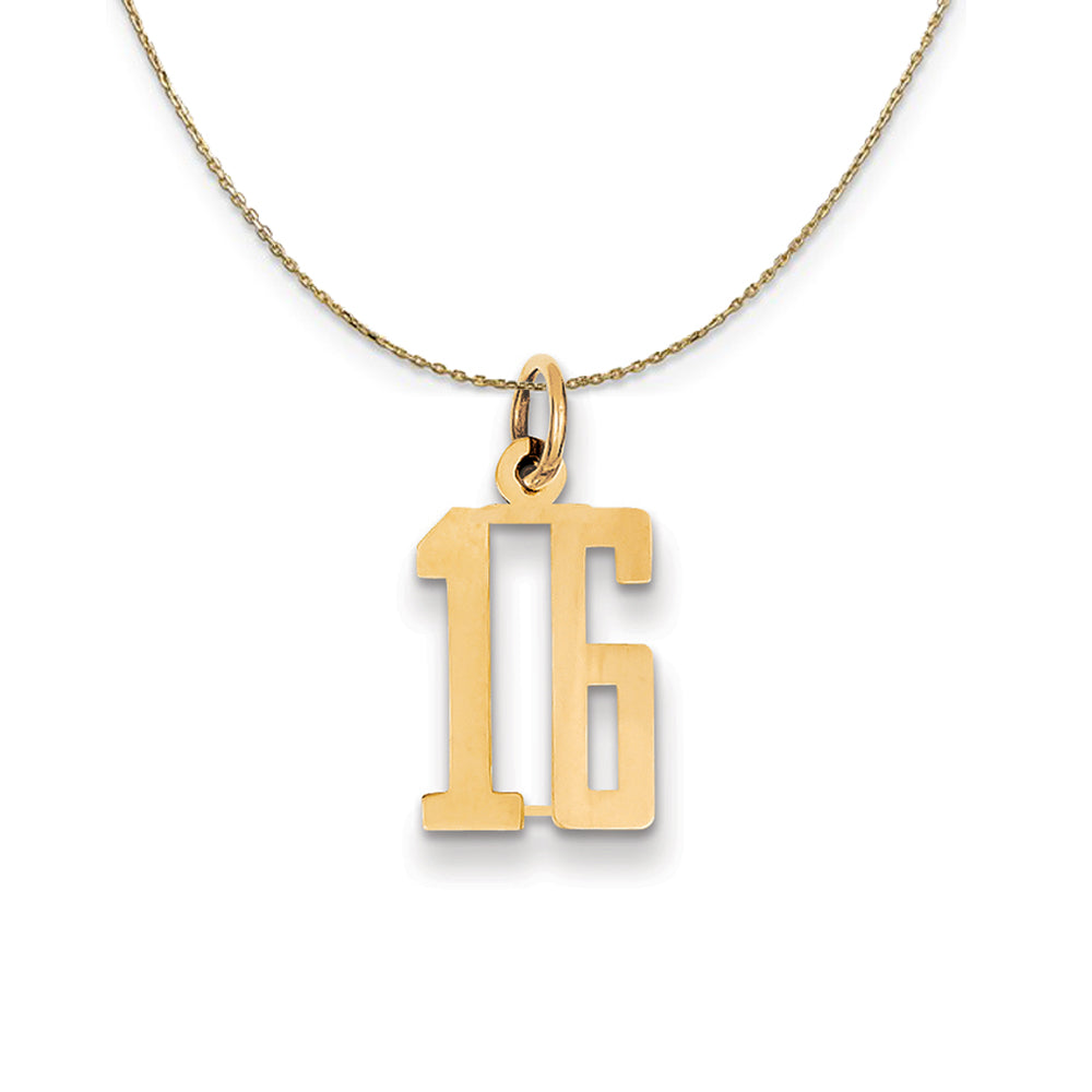 14k Yellow Gold, Alumni Small Elongated Number 16 Necklace, Item N24644 by The Black Bow Jewelry Co.