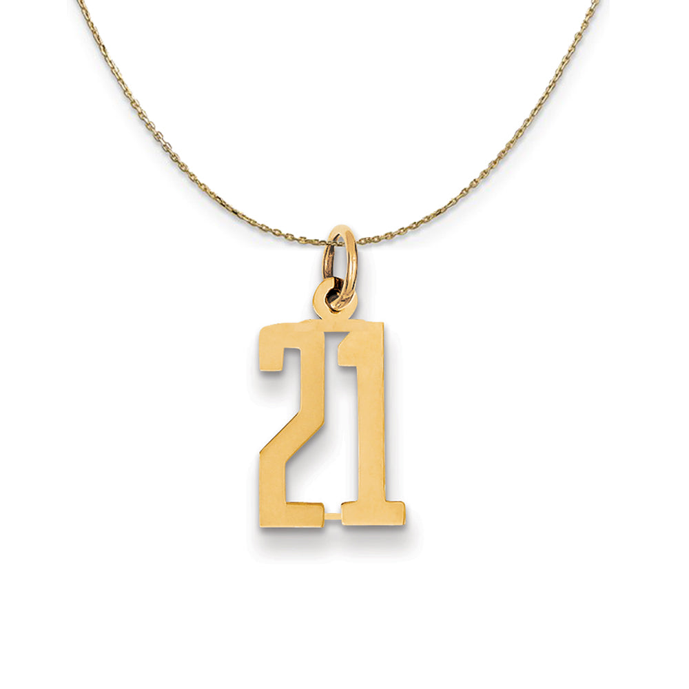 14k Yellow Gold, Alumni Small Elongated Number 21 Necklace, Item N24650 by The Black Bow Jewelry Co.