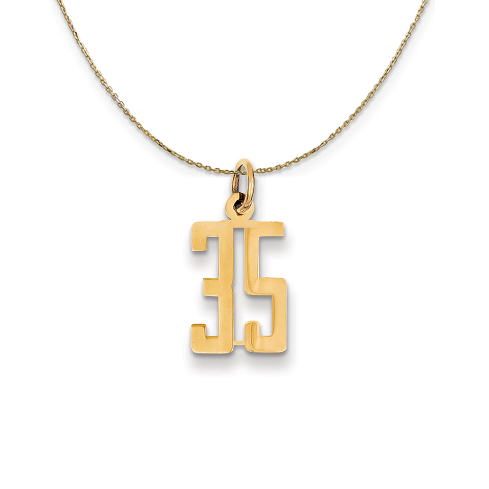 14k Yellow Gold, Alumni Small Elongated Number 35 Necklace, Item N24665 by The Black Bow Jewelry Co.