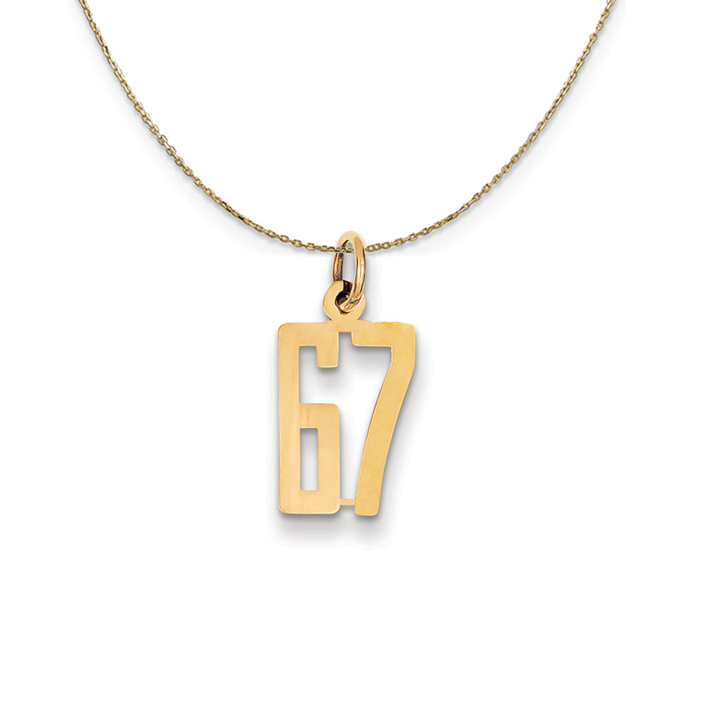 14k Yellow Gold, Alumni Small Elongated Number 67 Necklace, Item N24700 by The Black Bow Jewelry Co.