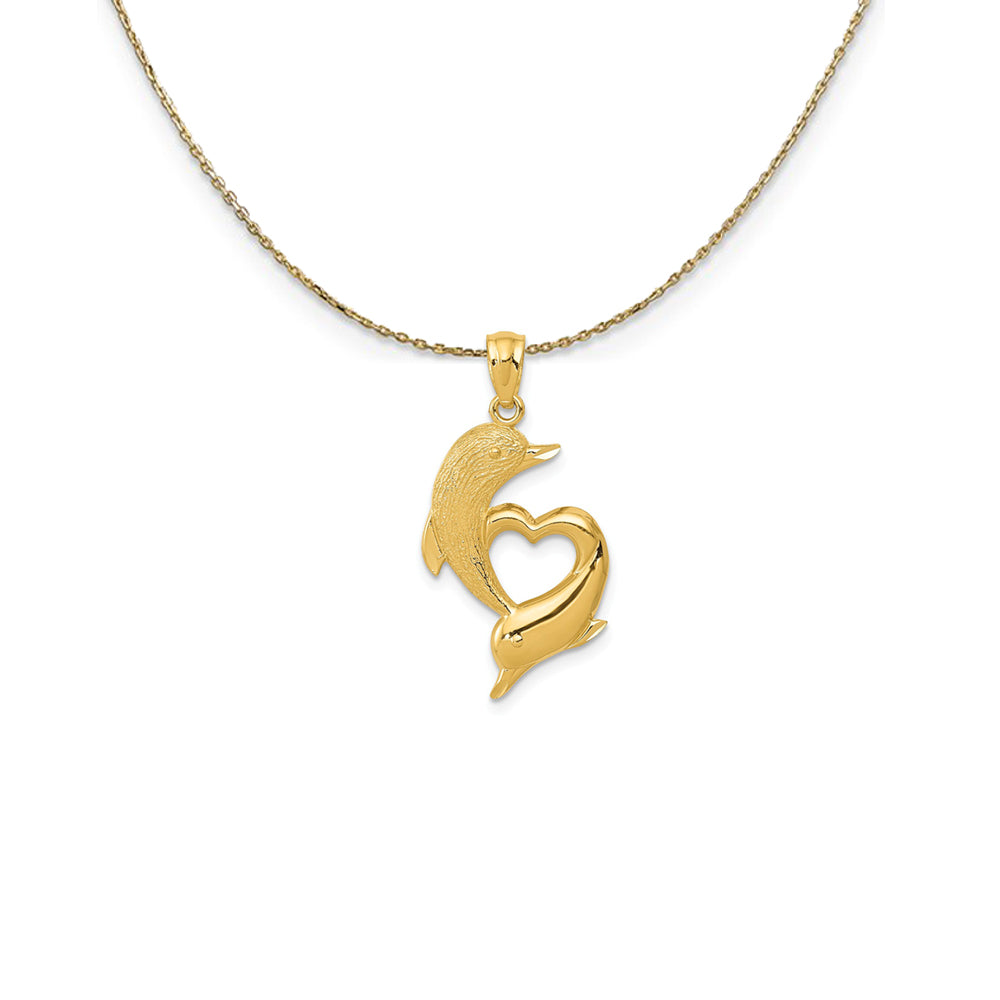 14k Yellow Gold Polished Dolphins &amp; Heart, 14x25mm Necklace, Item N24756 by The Black Bow Jewelry Co.