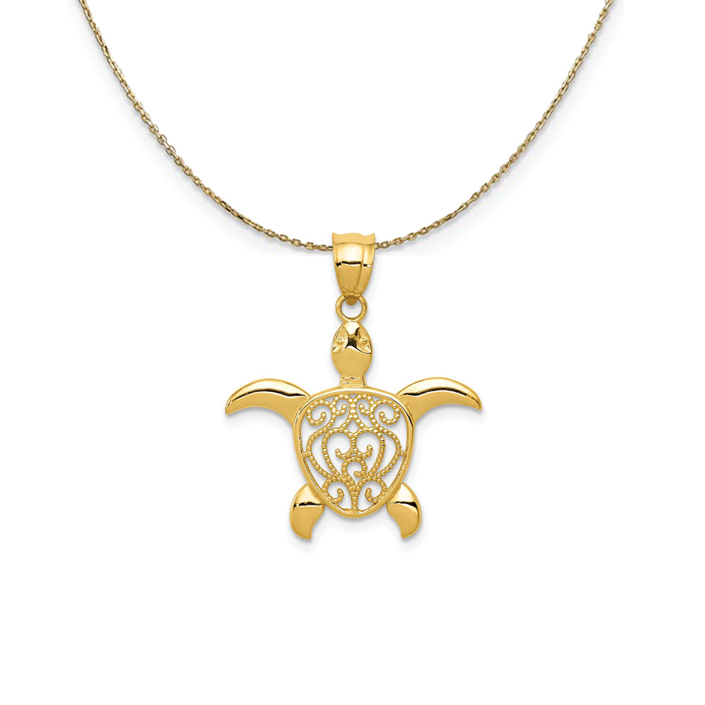 14k Yellow Gold Filigree Sea Turtle (22mm) Necklace, Item N24762 by The Black Bow Jewelry Co.