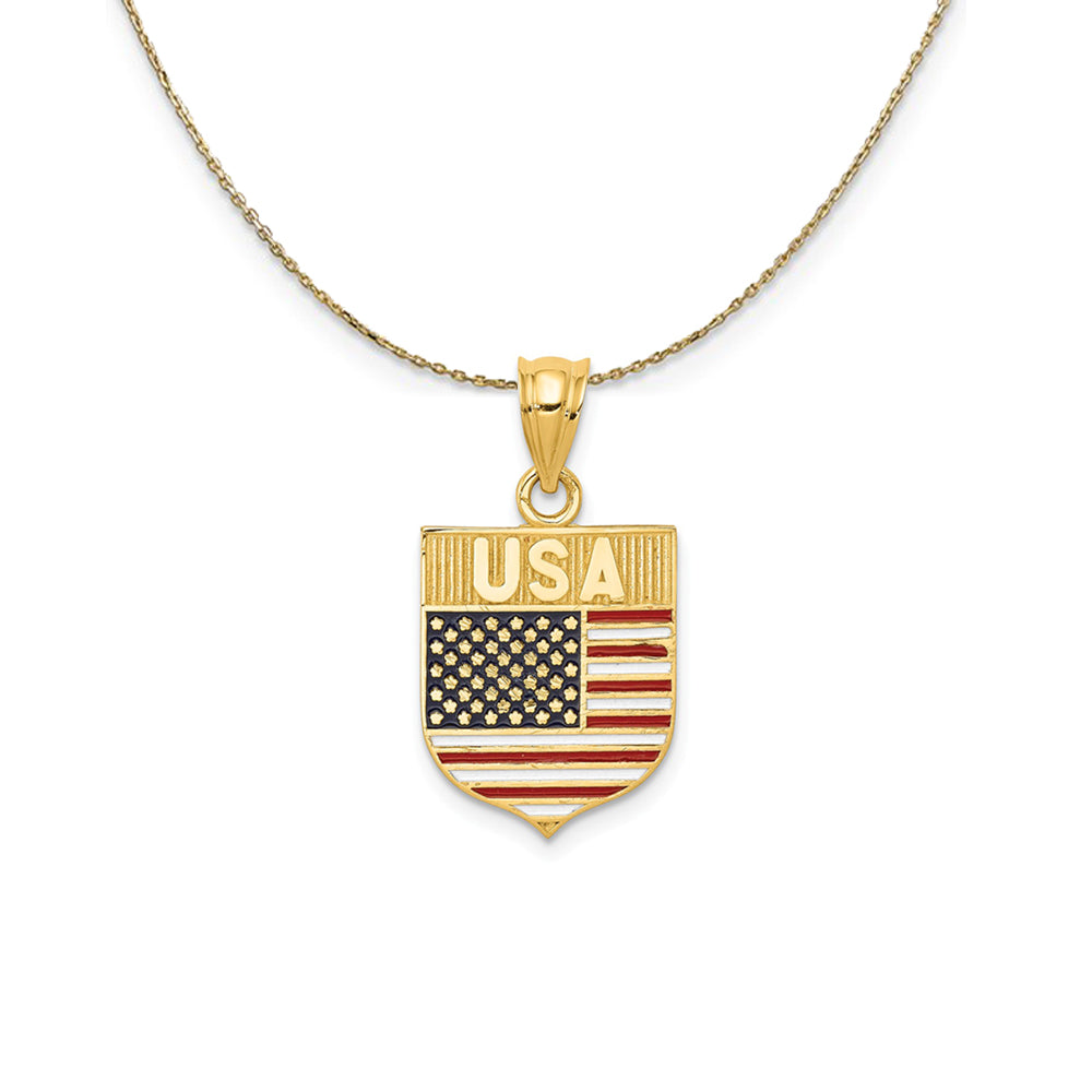 14k Yellow Gold and Enamel USA Flag Shield (24mm) Necklace, Item N24809 by The Black Bow Jewelry Co.