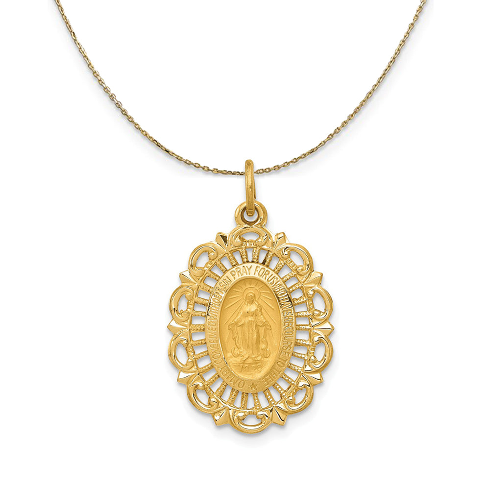 14k Yellow Gold, Satin Scalloped Miraculous Medal Necklace, Item N24845 by The Black Bow Jewelry Co.