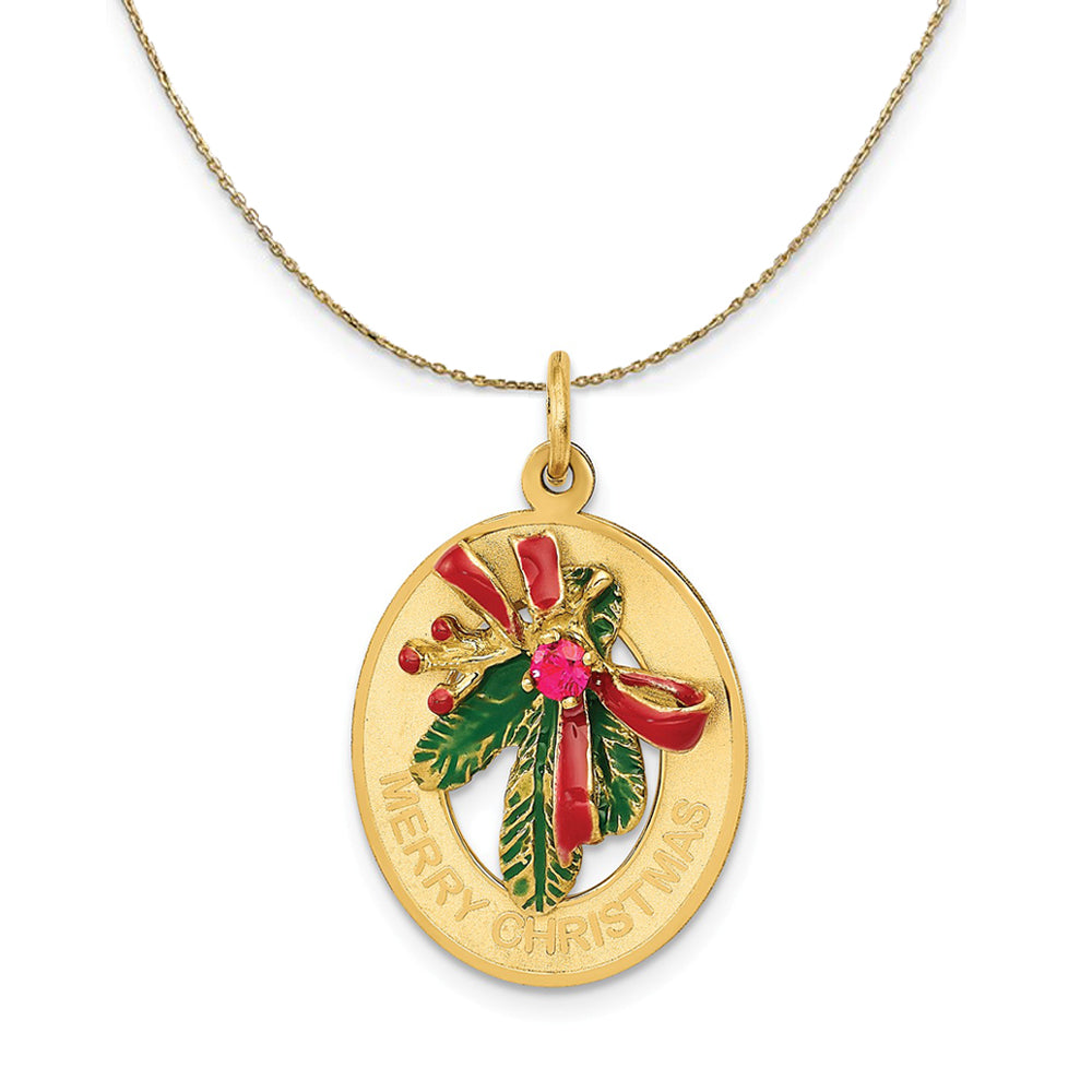 14k Yellow Gold, CZ & Enameled Mistletoe Necklace, Item N24885 by The Black Bow Jewelry Co.