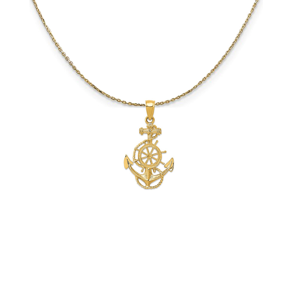 14k Yellow Gold 2D Anchor, Ship's Wheel and Rope Necklace, Item N25018 by The Black Bow Jewelry Co.