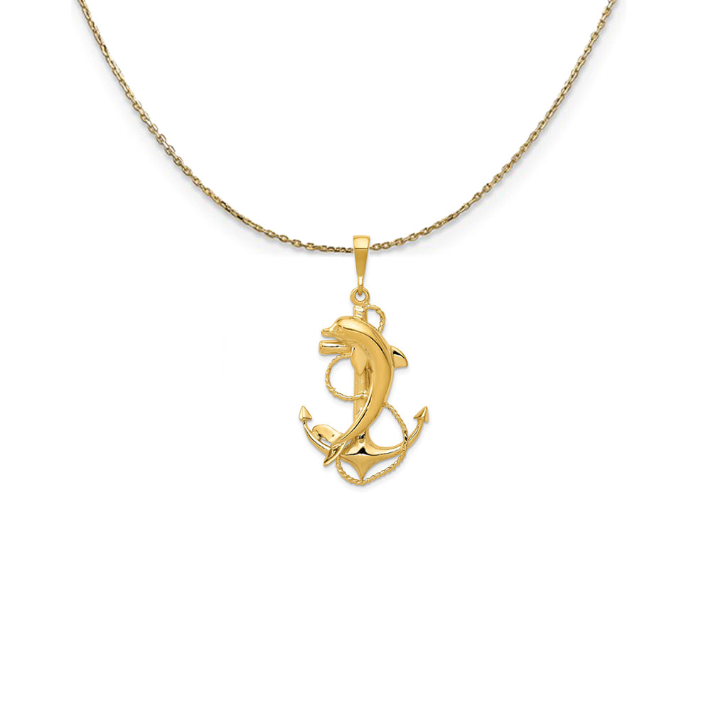 14k Yellow Gold Large Polished Anchor with Dolphin Necklace, Item N25036 by The Black Bow Jewelry Co.