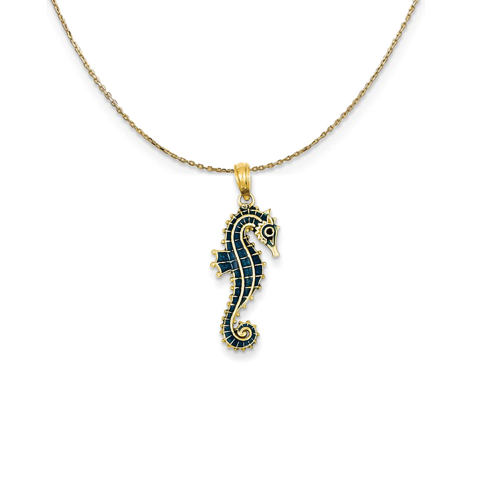 14k Yellow Gold Blue Enameled Seahorse Necklace, Item N25108 by The Black Bow Jewelry Co.
